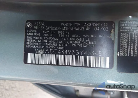 2002 BMW 525Ia из США, поврежденный, VIN WBADT43492GY43345